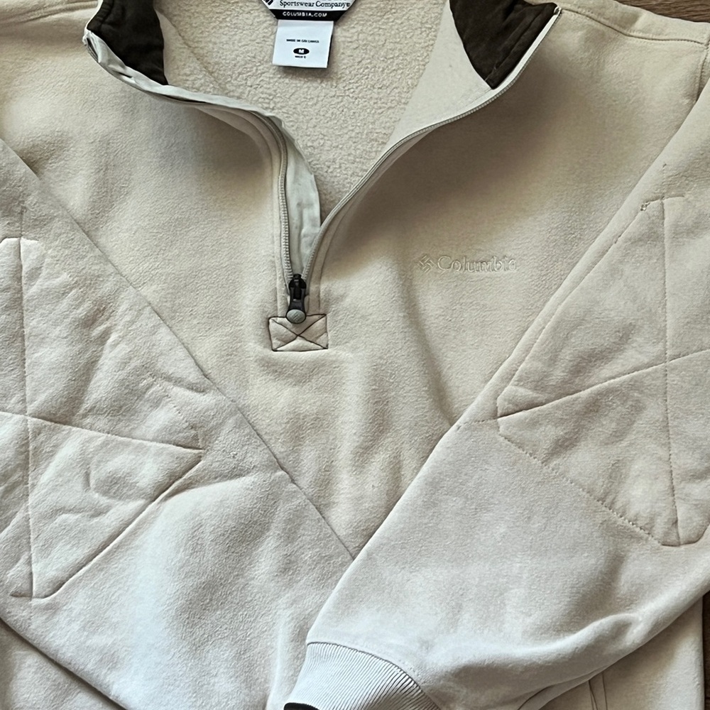 Columbia Mens 1/4 zip pull over fleece inside beige cotton blend size M - Picture 2 of 7